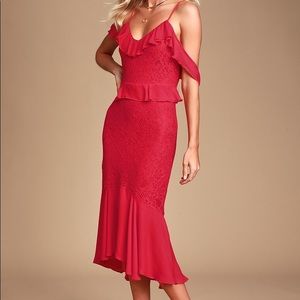 Romantic Red Lace Cold Shoulder Midi Dress XL